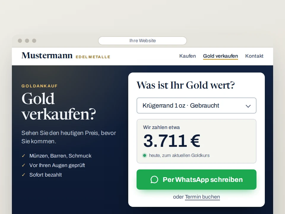 Vorschau aus dem Frühzugang: die Website eines Händlers mit dem Rechner „Was ist Ihr Gold wert?“, einem Beispielpreis für einen gebrauchten Krügerrand 1 oz und einer Schaltfläche, um dem Händler per WhatsApp zu schreiben.