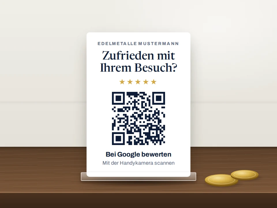 Vorschau aus dem Frühzugang: eine Bewertungskarte mit QR-Code auf der Theke eines Händlers, neben zwei Goldmünzen. Darauf steht: Zufrieden mit Ihrem Besuch? Bei Google bewerten.