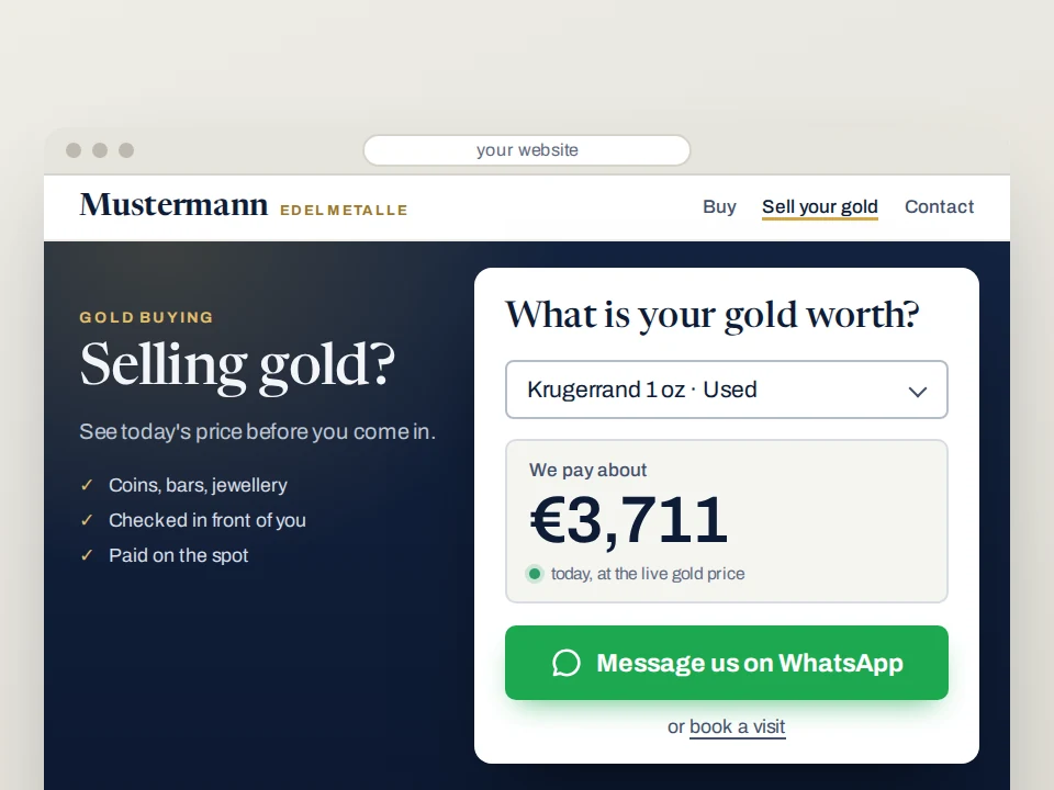 Early access preview: a dealer's website with the calculator What is your gold worth?, a sample price for a used Krugerrand 1 oz, and a button to message the dealer on WhatsApp.