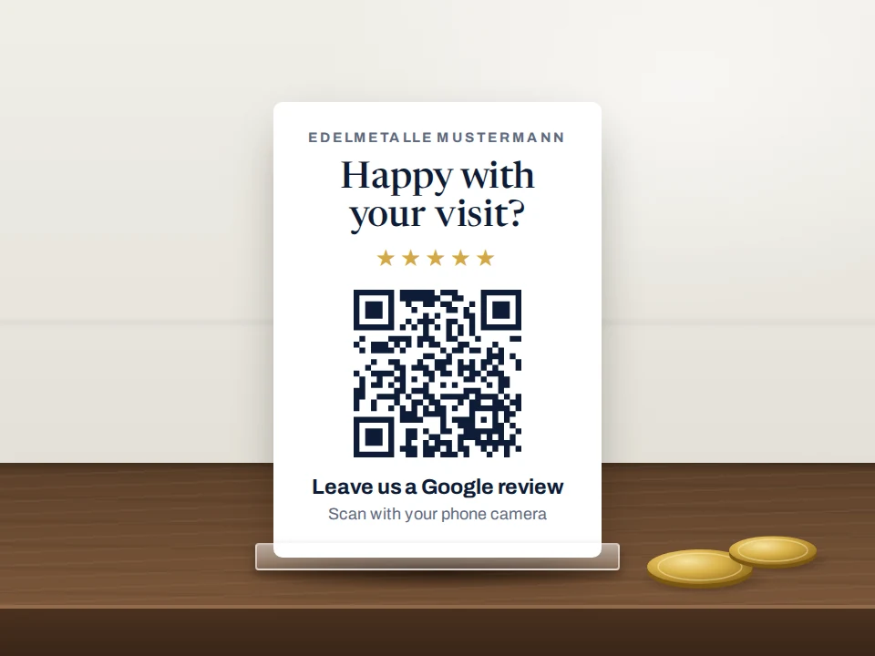 Early access preview: a review card with a QR code standing on a dealer's counter, next to two gold coins. It asks: Happy with your visit? Leave us a Google review.
