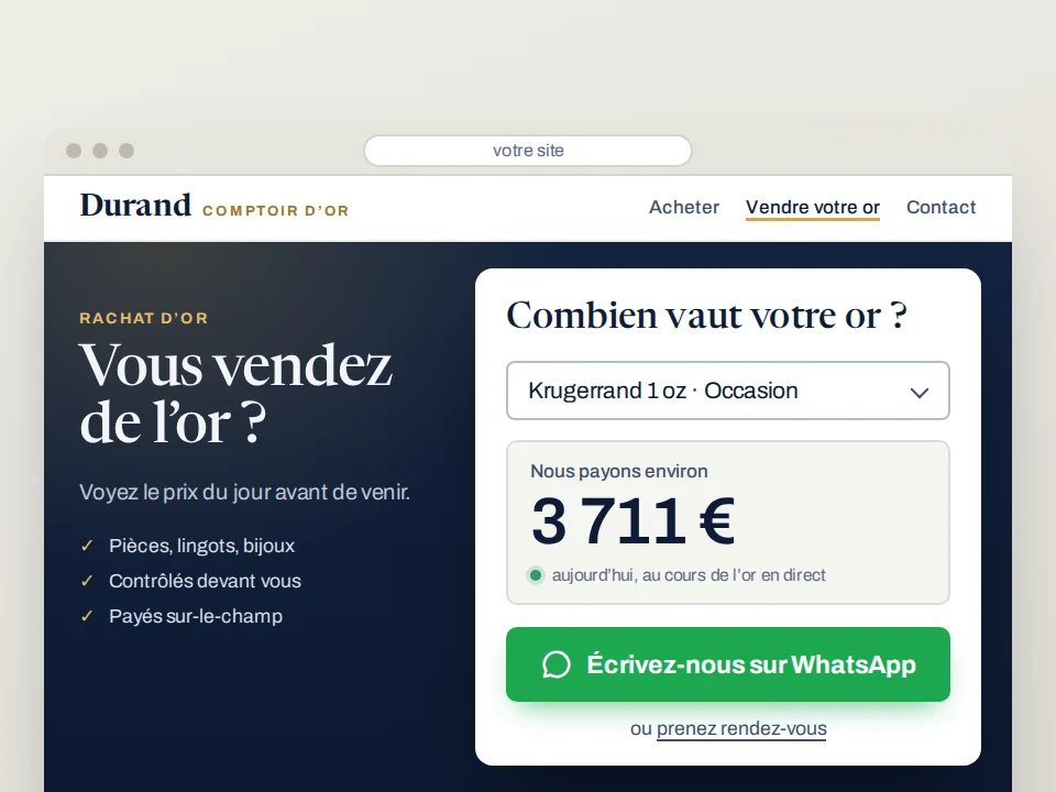Aperçu accès anticipé : le site d’un négociant avec le calculateur Combien vaut votre or ?, un prix d’exemple pour un Krugerrand 1 oz d’occasion et un bouton pour écrire au négociant sur WhatsApp.
